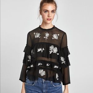 Zara Embroidered Top Black and White Size: M